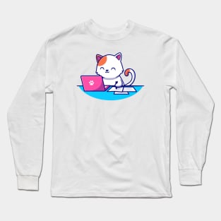 Cute Cat Working Laptop And Writing On Paper Long Sleeve T-Shirt